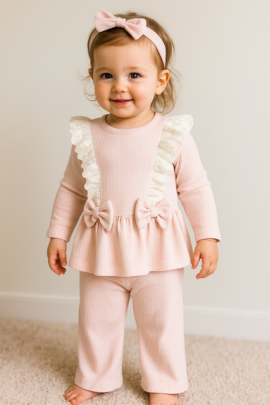 Girls Peach & Cream Cotton Flared Trouser Set