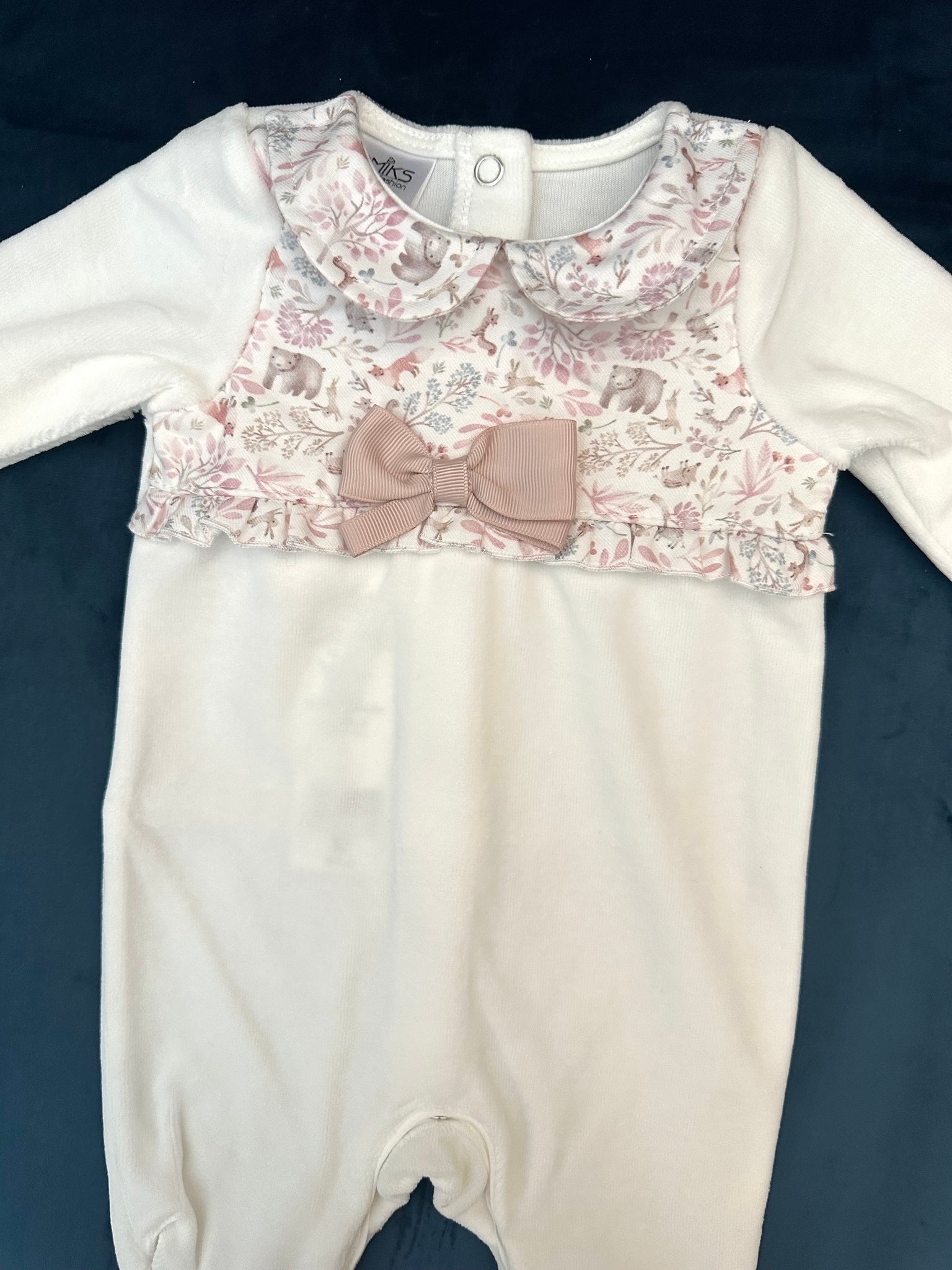 Jamiks Ivory & Pink Woodland Print Cotton Velour BabyGrow