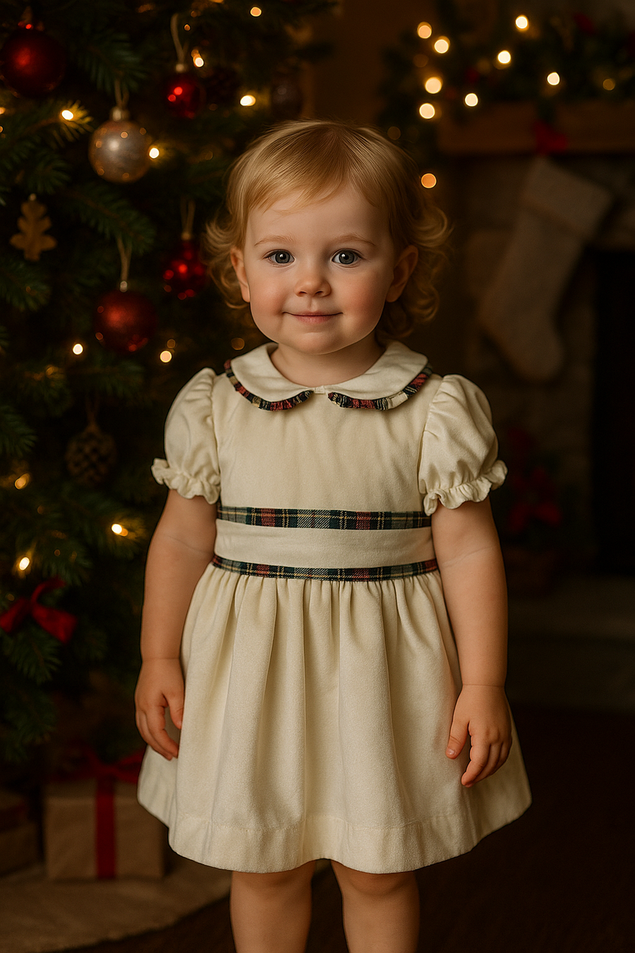 Meraki Ivory Velvet Tartan Bow Sash Dress