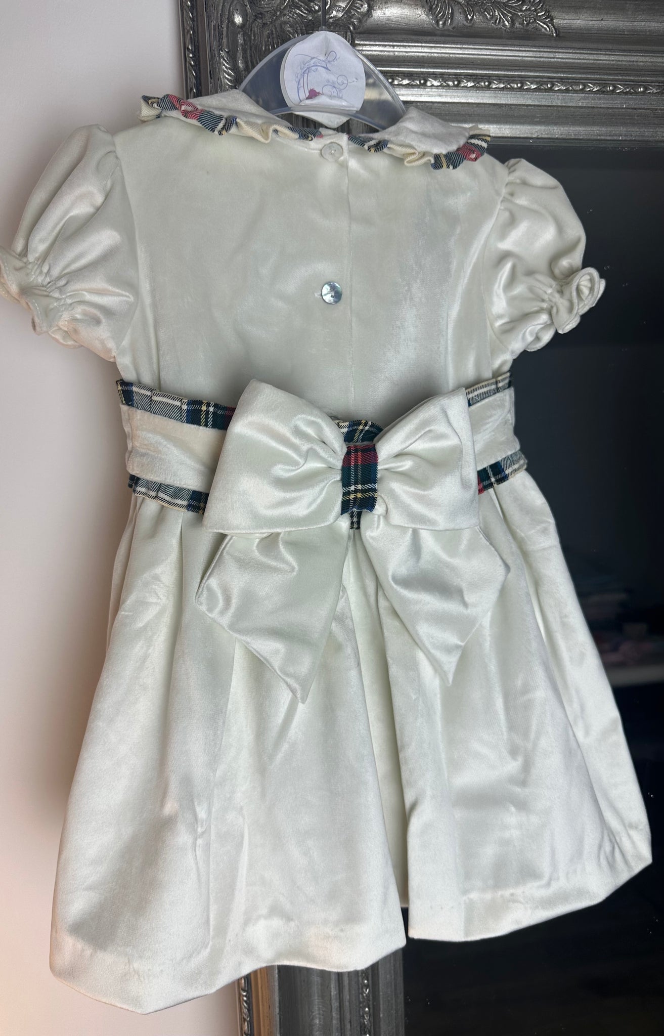 Meraki Ivory Velvet Tartan Bow Sash Dress