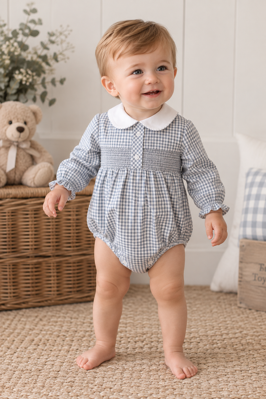 Sardon Petrol Blue & White Gingham Smocked Romper