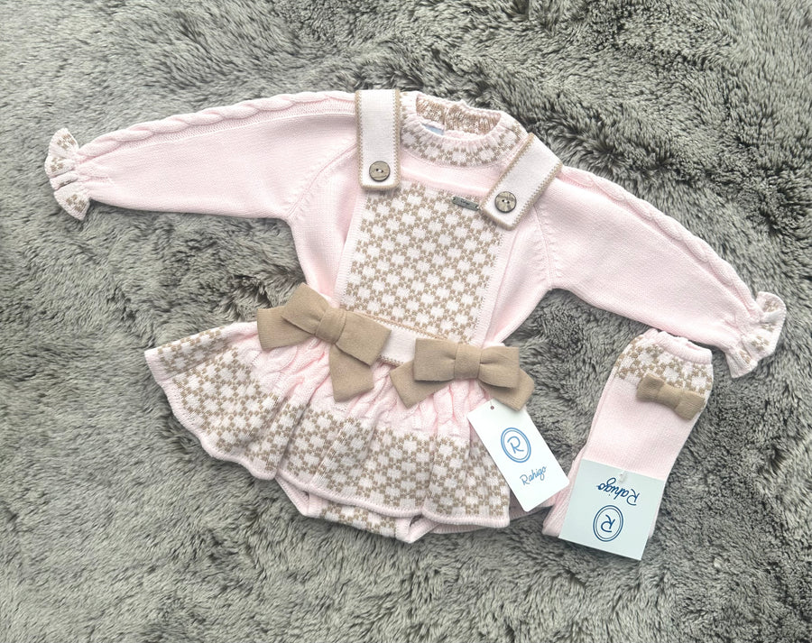 Rahigo Pale Pink & Camel Check Sweater & Romper Set
