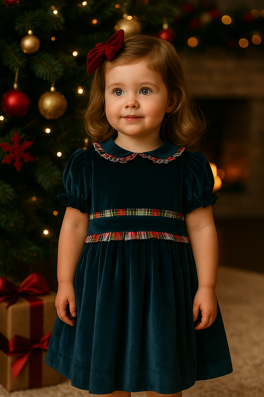 Meraki Midnight Blue Velvet Tartan Bow Sash Dress