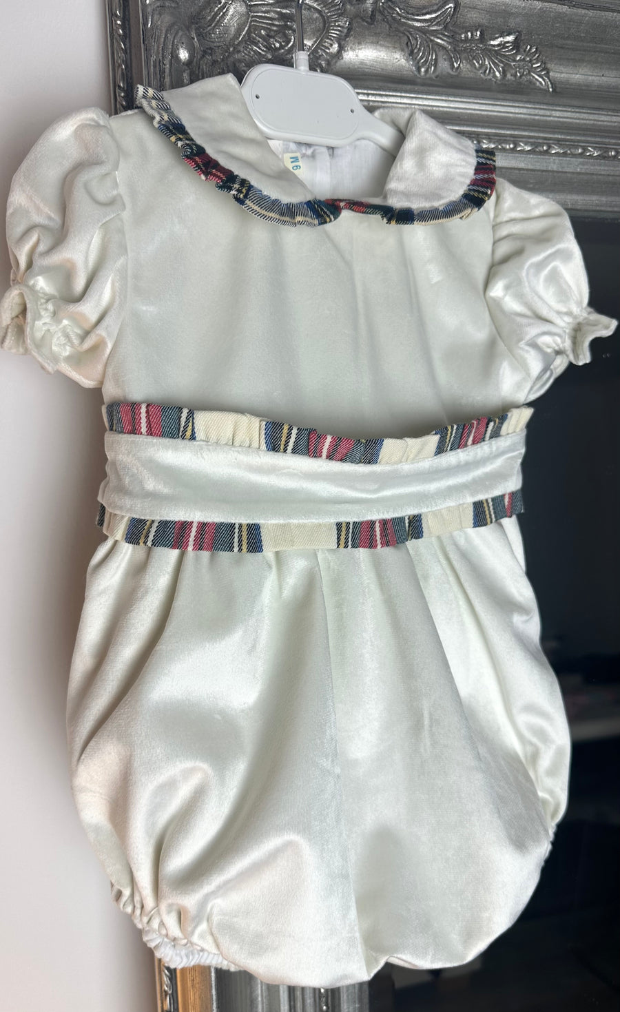 Meraki Ivory Velvet Tartan Trimmed Romper