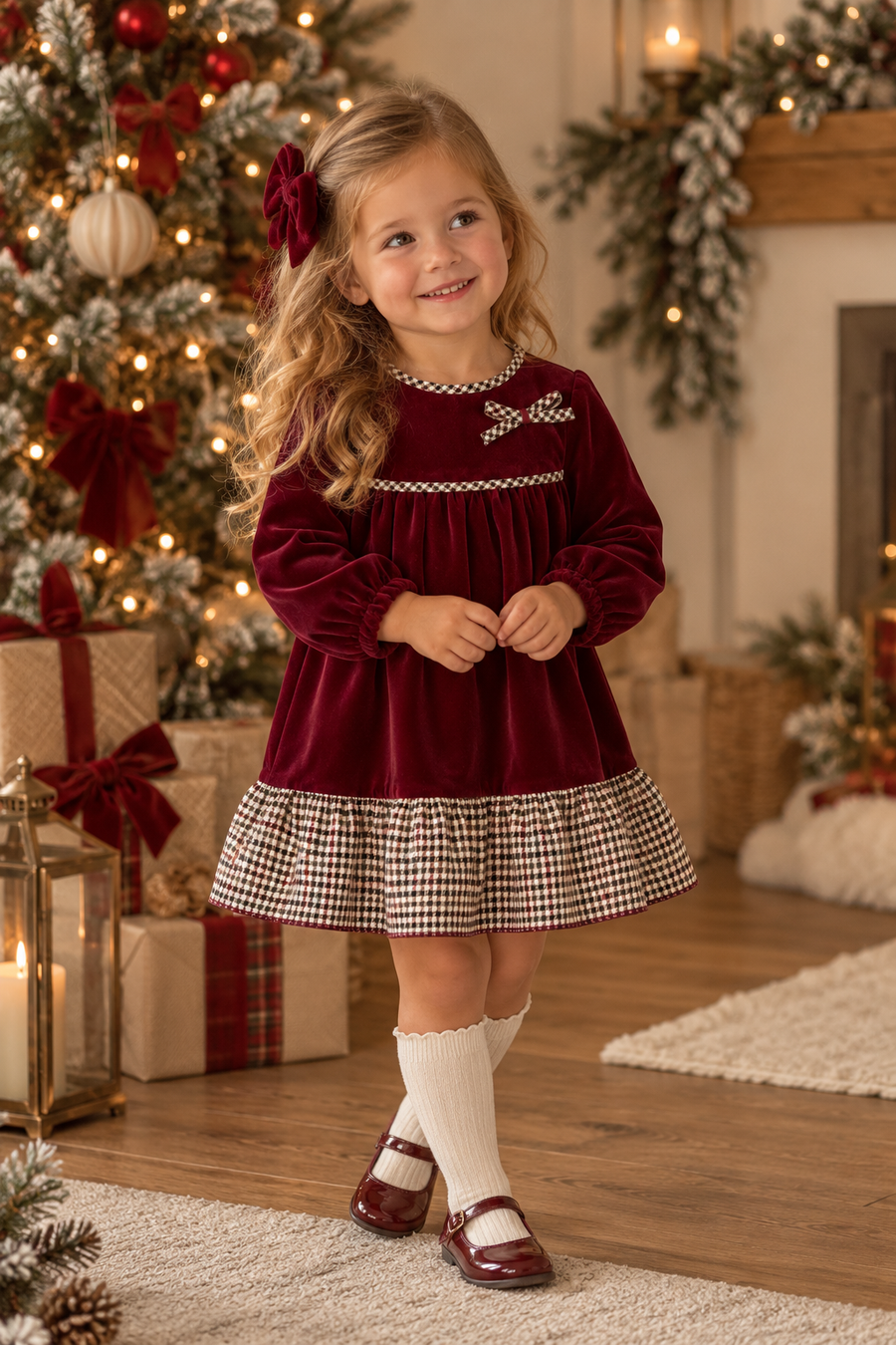 Rapife Burgundy Velvet & Burgundy & Black Check Dress