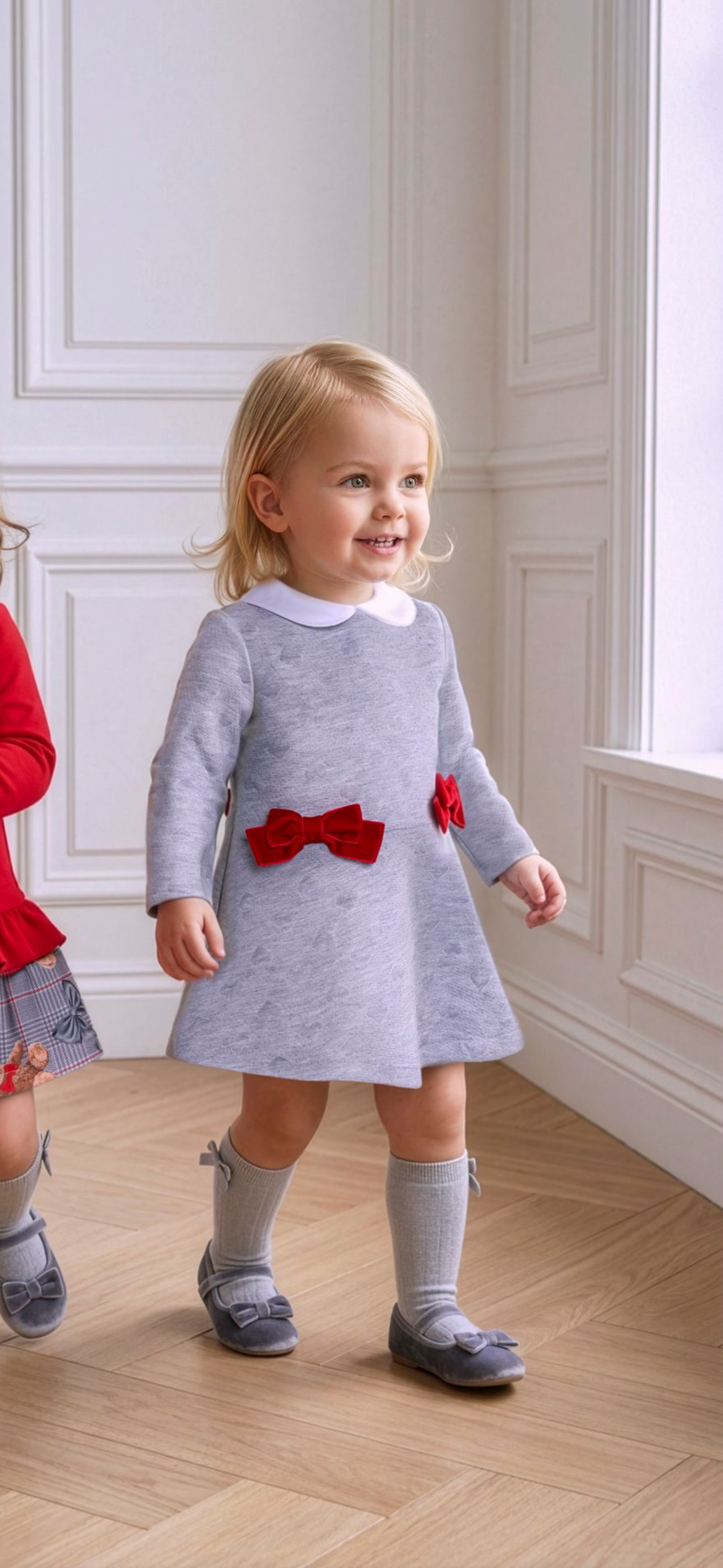 Miranda Grey & Red Velvet Bow Trimmed Dress  - PRE ORDER