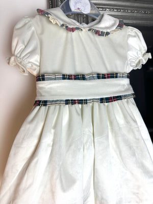 Meraki Ivory Velvet Tartan Bow Sash Dress