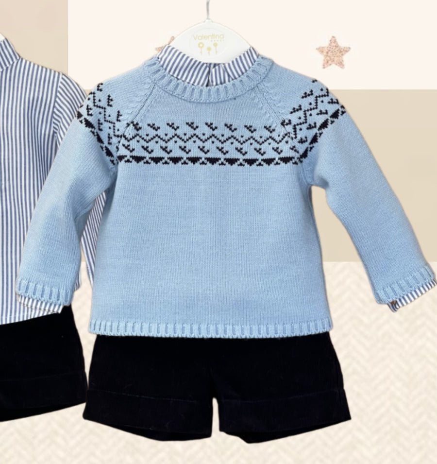 Valentina Bebes Navy, Blue & White 3-Piece Sweater, Shirt & Shorts Set