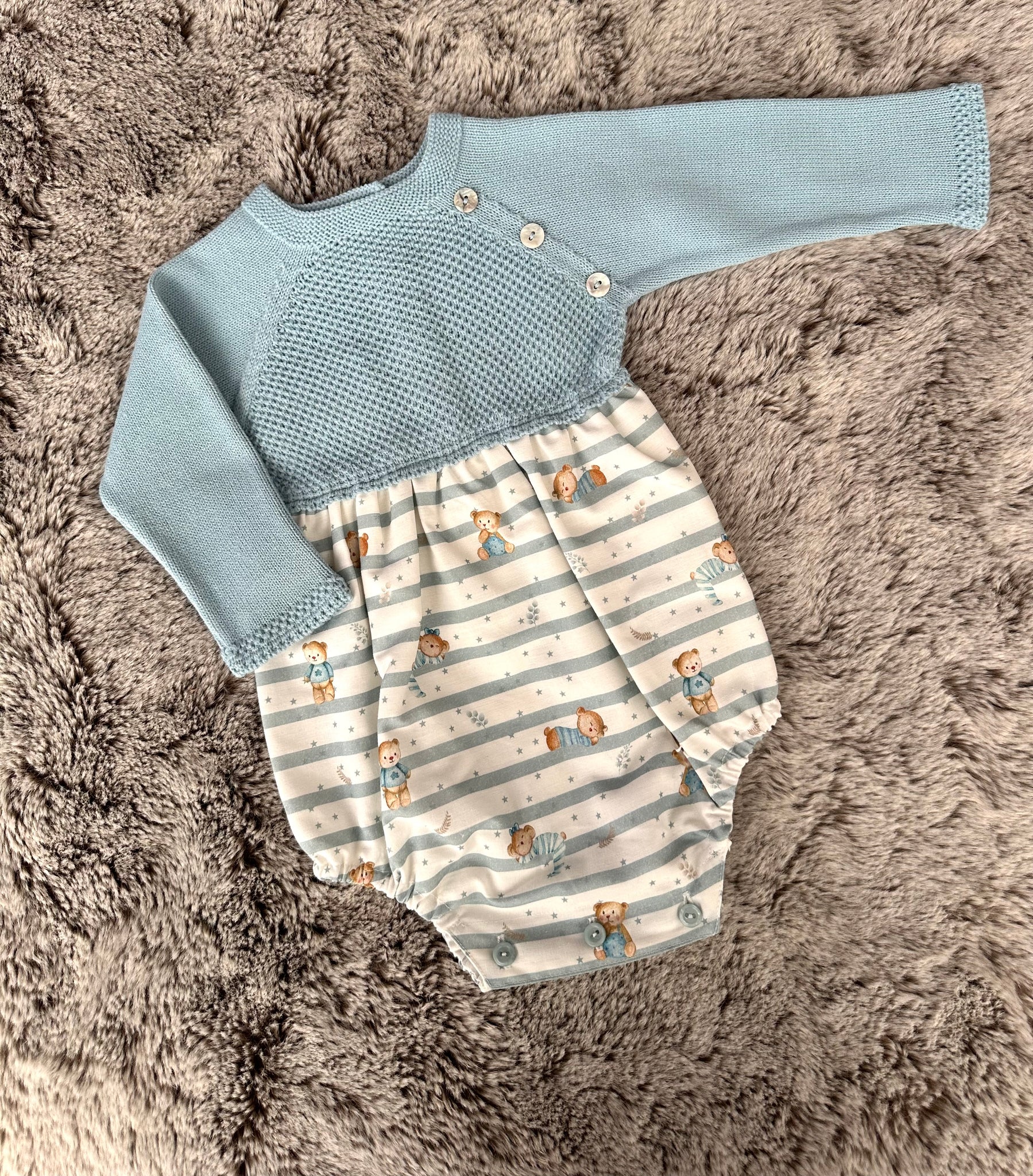 Granlei Teal & Ivory Stripe Half Knit Teddy Print Romper