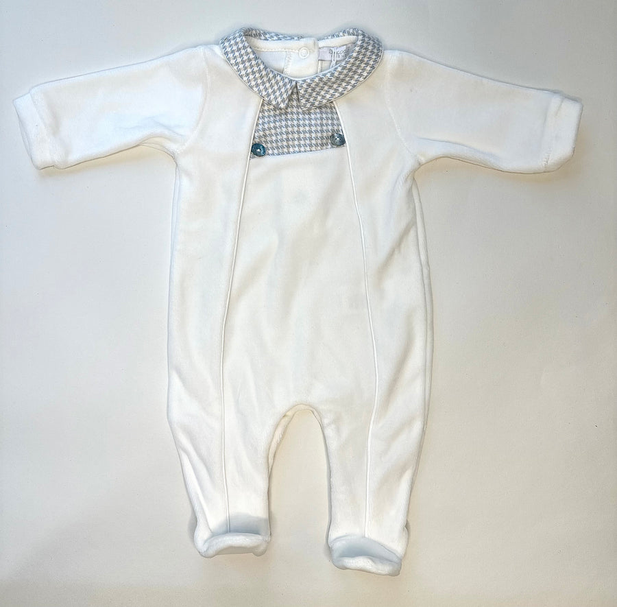 Coccode White Velour Babygrow with Blue & Beige Check Collar