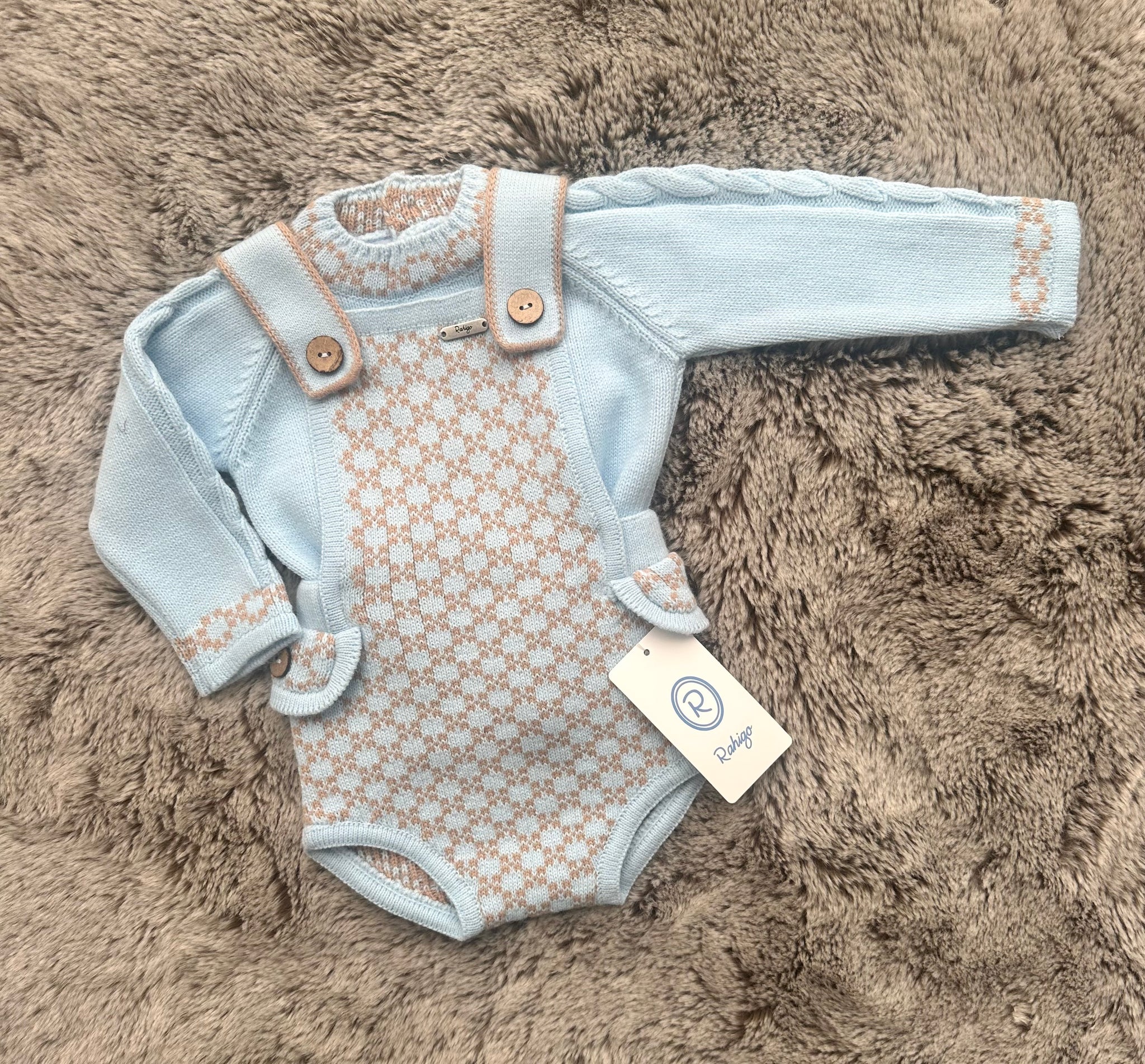 Rahigo Baby Blue & Camel Check Sweater & Romper Set