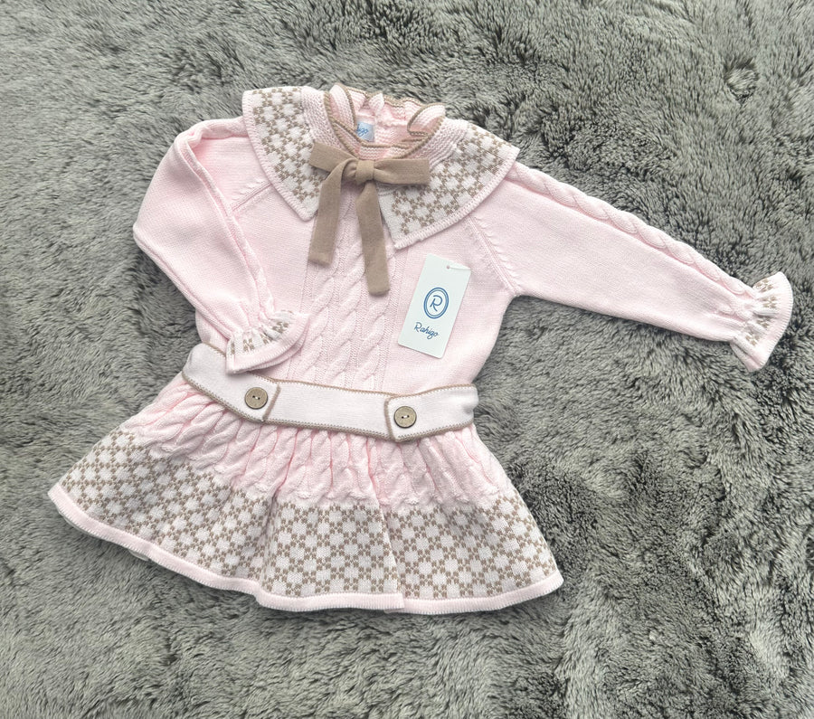 Rahigo Pale Pink & Camel Check Drop Waist Dress