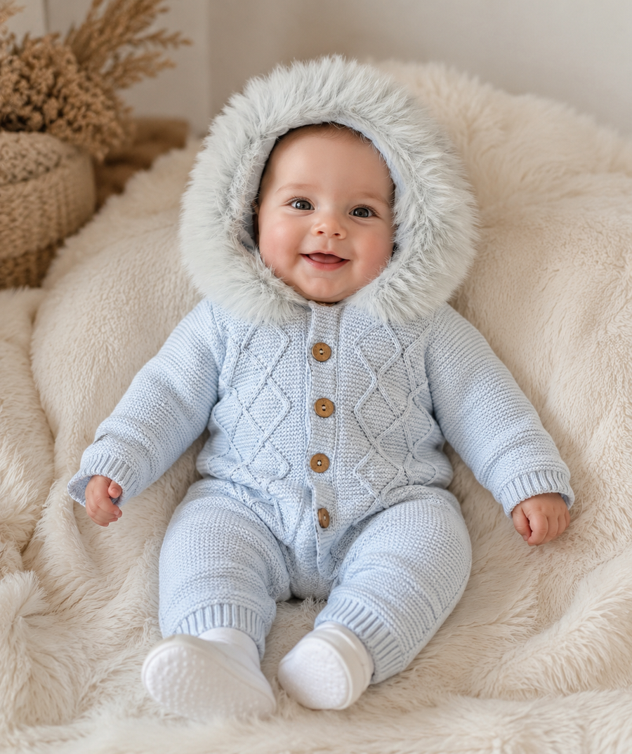 Signature Faux Fur Knitted Pramsuit Baby Blue