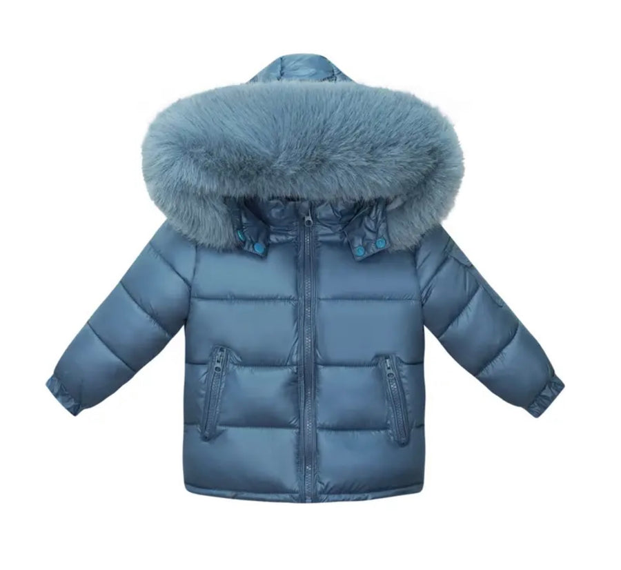 Puffer Jacket with Oversized detachable Faux Fur Hood-Navy Blue
