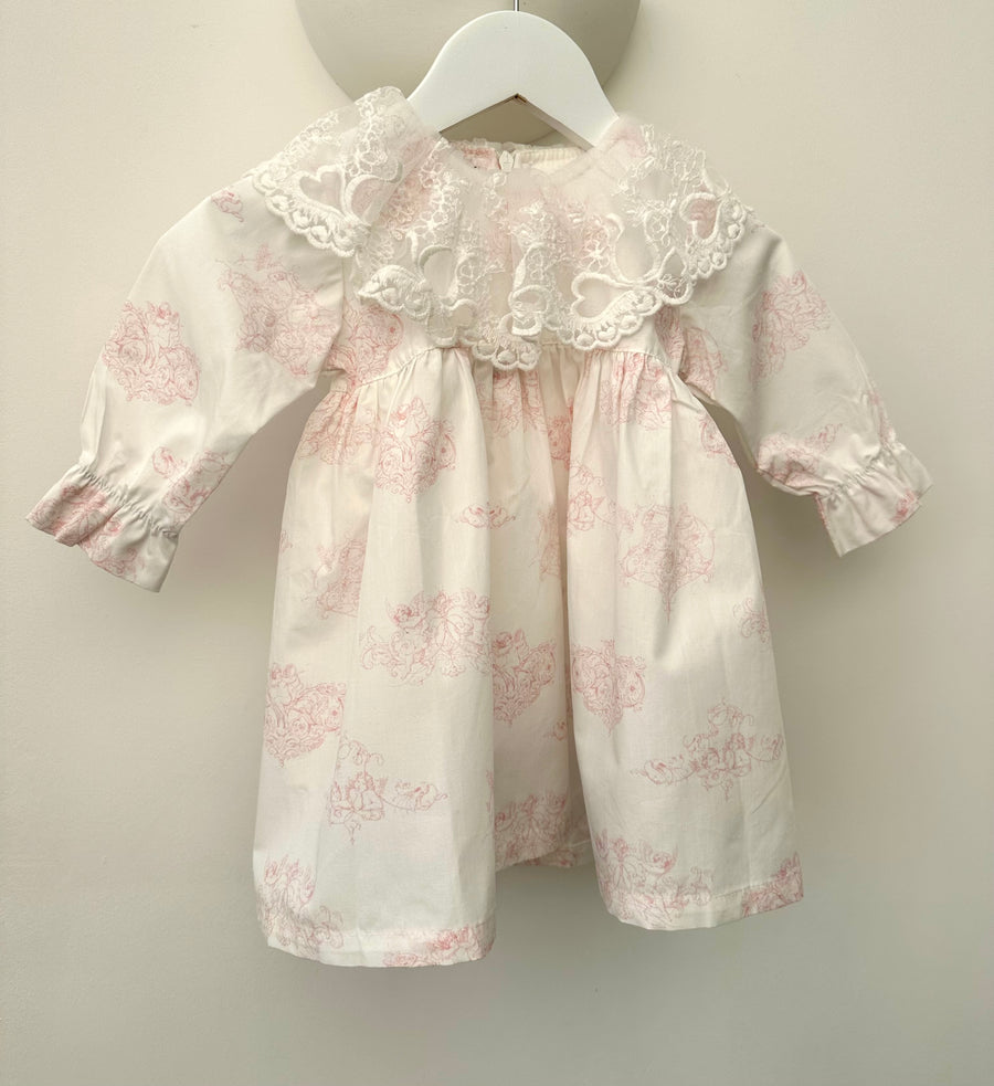 Phi Ivory & Pale Pink Angel Print Frill Collared Dress