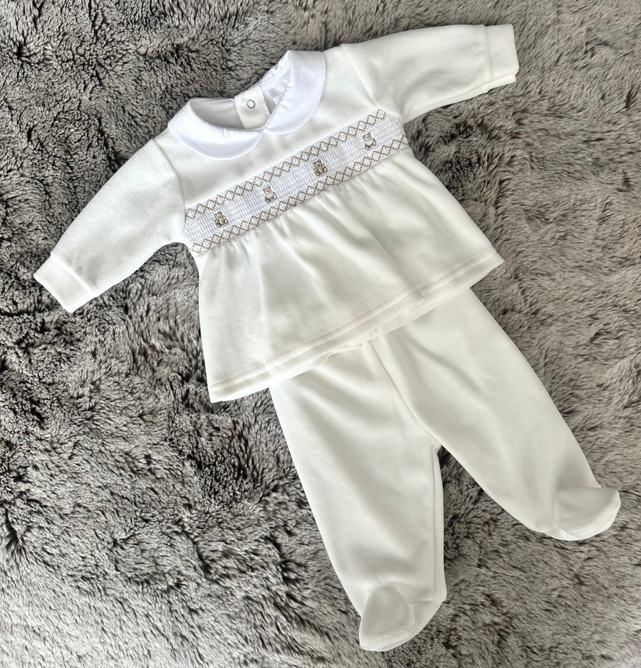 Pex Pearl Velour Smocked Teddy Bear 2-Piece Babygrow