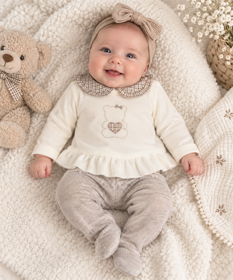 iDO Ivory & Taupe 2-Piece Teddy Bear Motif Babygrow