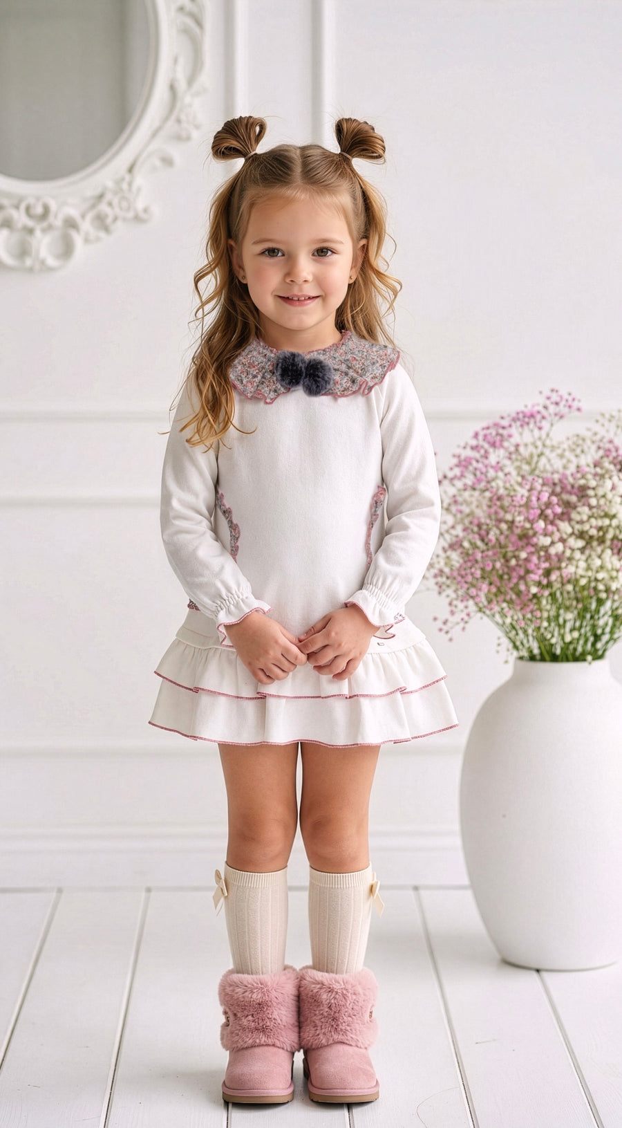 Miranda Ivory, Pink & Grey Ditsy Print Dress - PRE ORDER