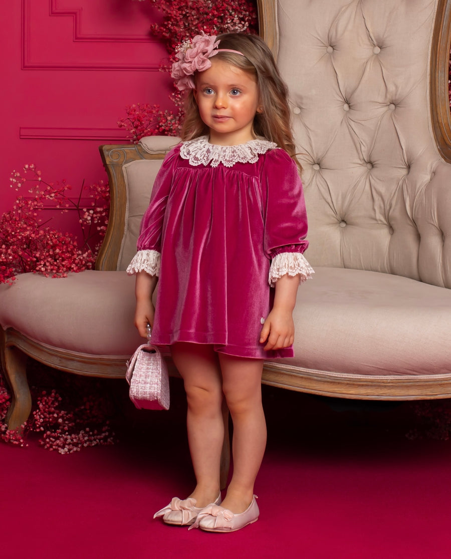 AW23 Patachou Ruby Pink Velour Lace Dress