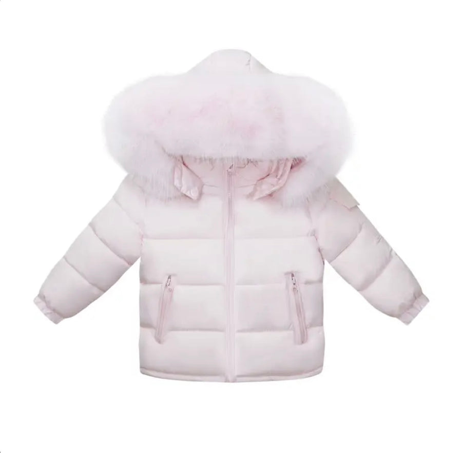 Puffer Jacket with Oversized detachable Faux Fur Hood-Baby Pink