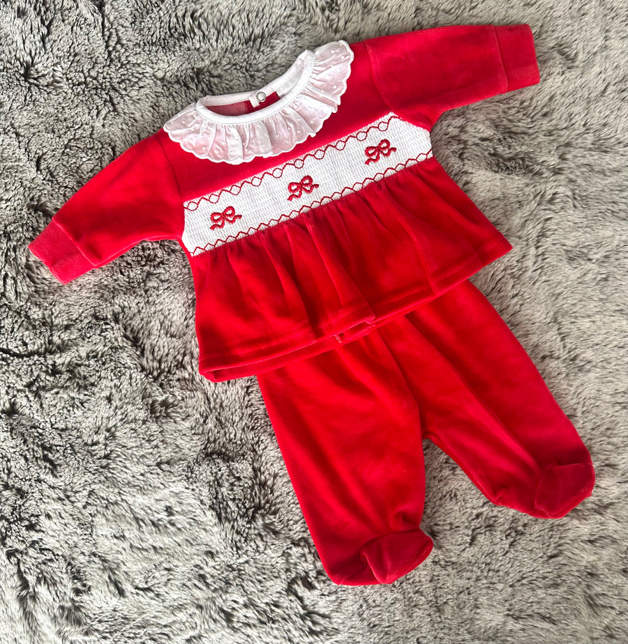 Pex Red Velour 2-Piece Smocked Babygrow Set