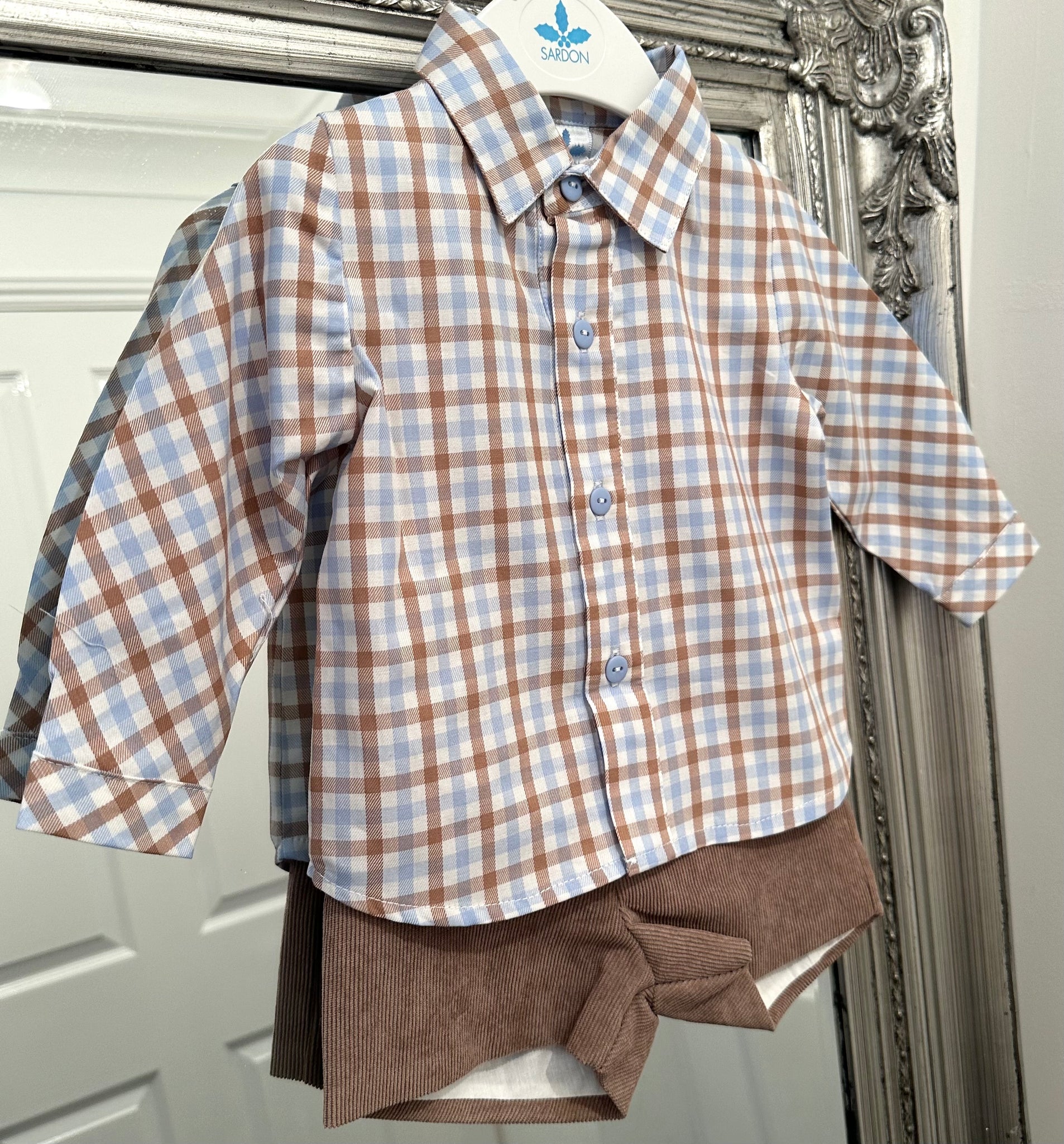 AW23 Sardon Blue, White & Taupe Check Shirt & Short Set