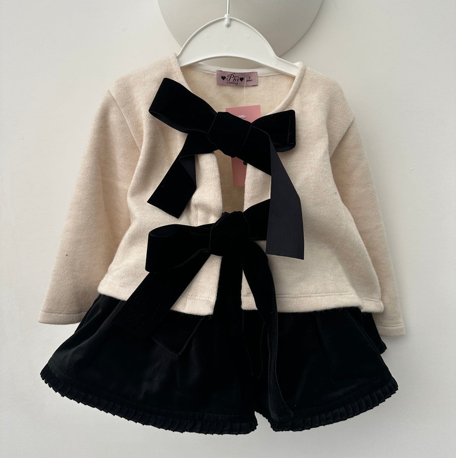 Phi Black Velvet Skirt & Ivory Cardigan Set