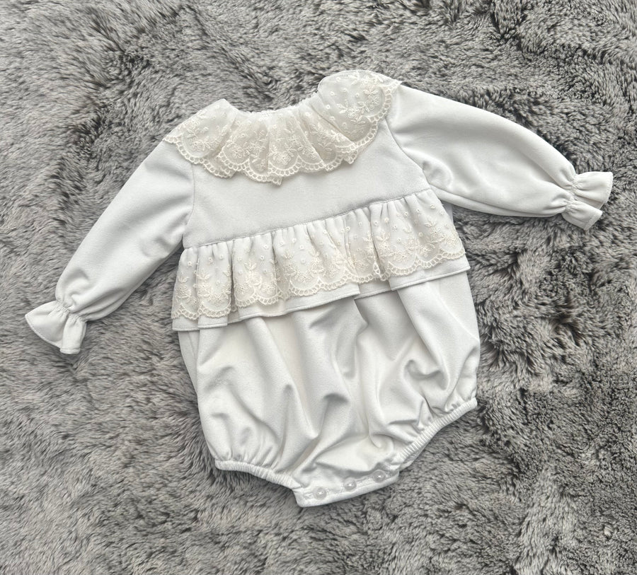 Puro Mimo Ivory Velvet Lace Trimmed Romper