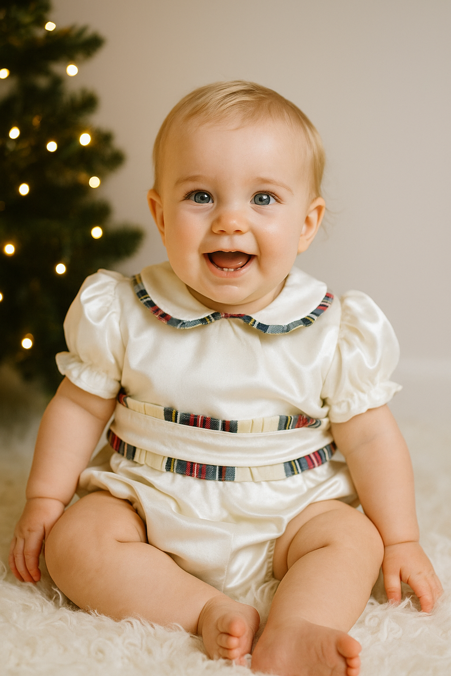 Meraki Ivory Velvet Tartan Trimmed Romper