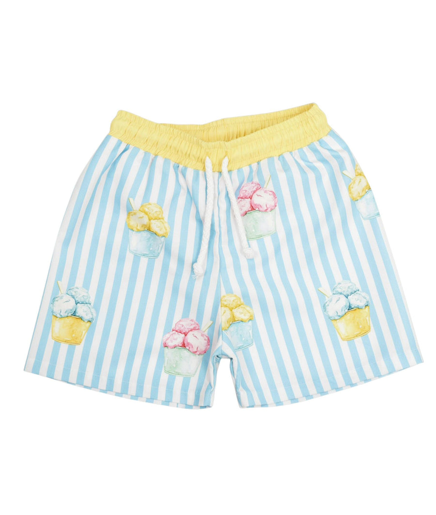 Meia Pata Blue & White Striped Ice Cream Print Swimming Trunks
