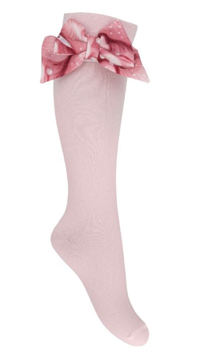 Daga Pink Cotton Heart Print Bow Trimmed Knee High Socks
