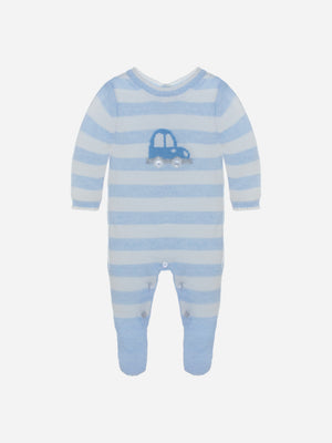 AW23 Patachou Blue & White Striped Car Motif Knitted Babygrow