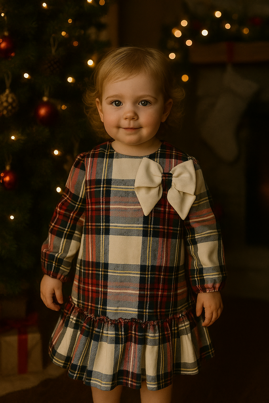 Meraki Tartan Ivory Bow Trimmed Dress