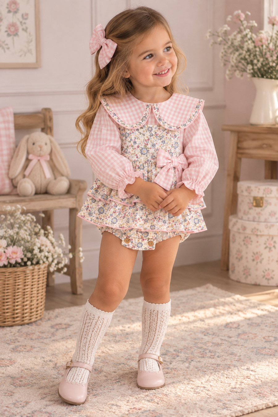 Valentina Bebe Floral Pinafore & Pink Gingham Blouse & Pant Set