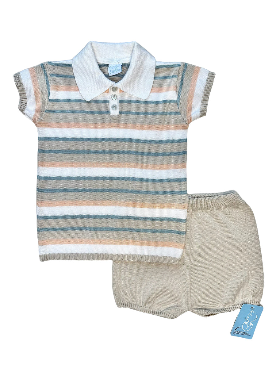 Artesania Granlei Stone, White, Mint & Peach Striped Knitted Shorts Set