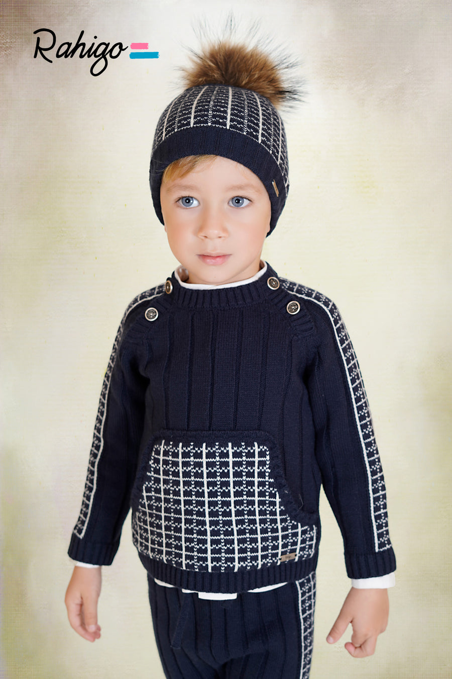 Rahigo Navy & Cream Checked Knitted Tracksuit