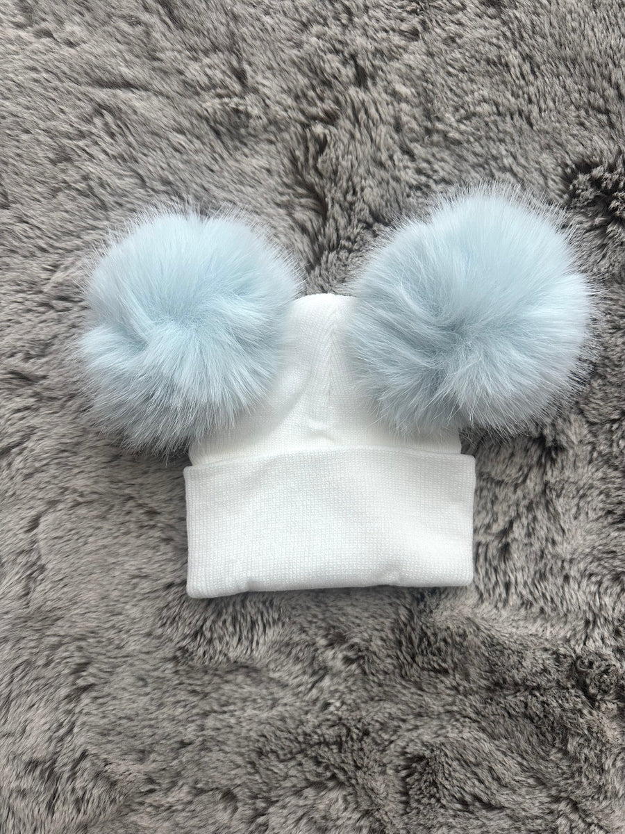 White & Baby Blue Double Pompom Baby Hat