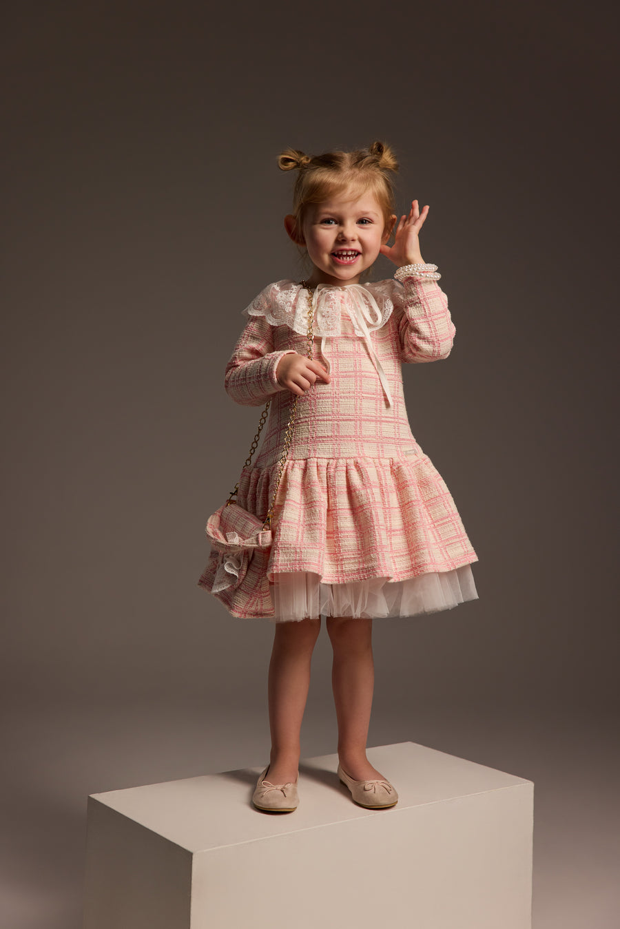 Daga Pink & Ivory Tweed Lace Collared Dress