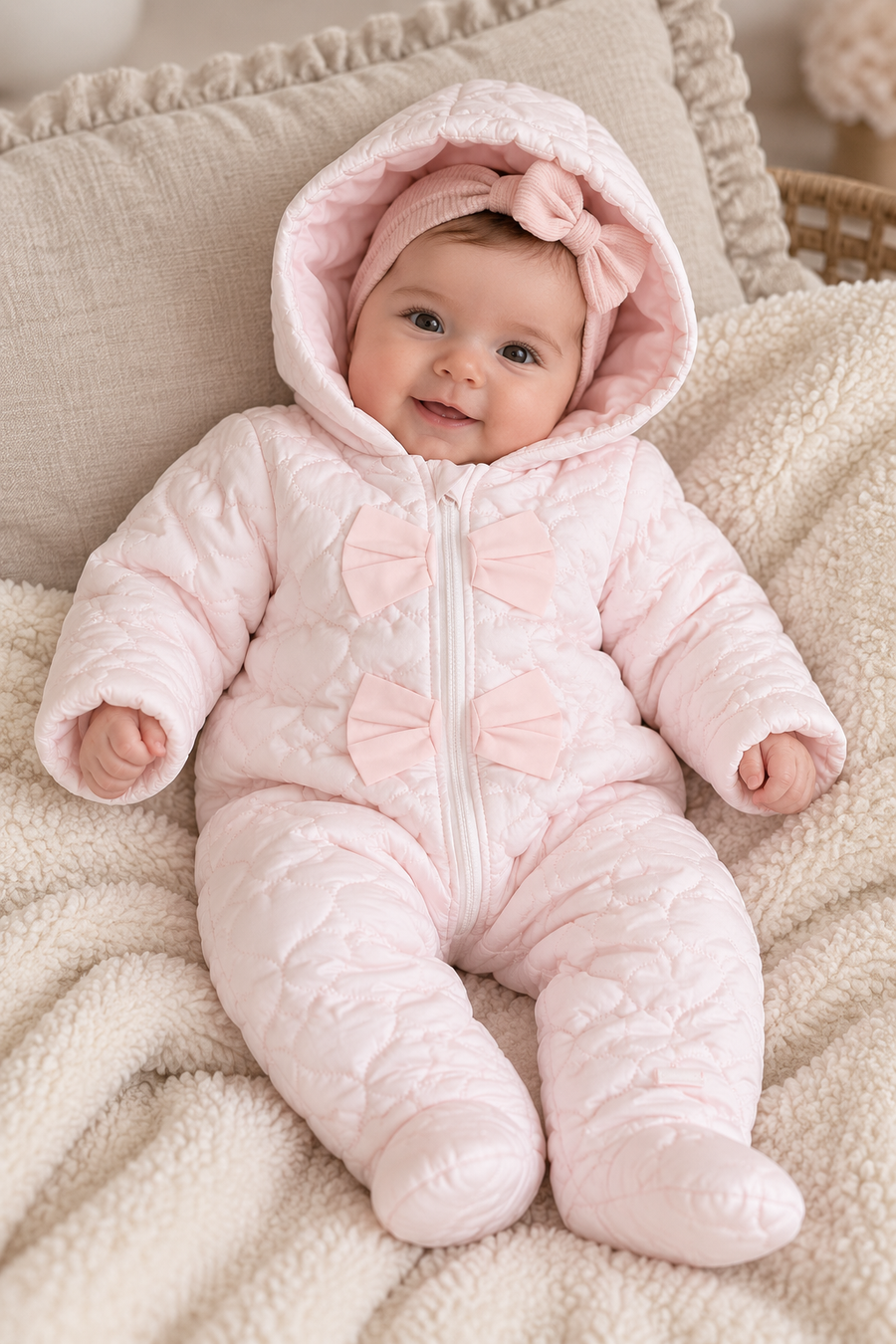 Amore Baby Pink Heart Embroidered Hooded Pramsuit