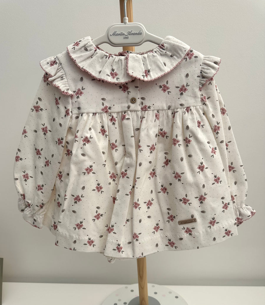 Martin Aranda Ivory & Dusky Pink Floral Print Baby Needle Cord Dress & Pant Set