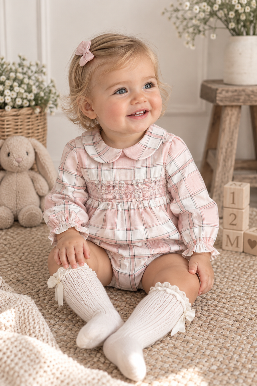 Sardon Pink & Ivory Check Smocked Romper