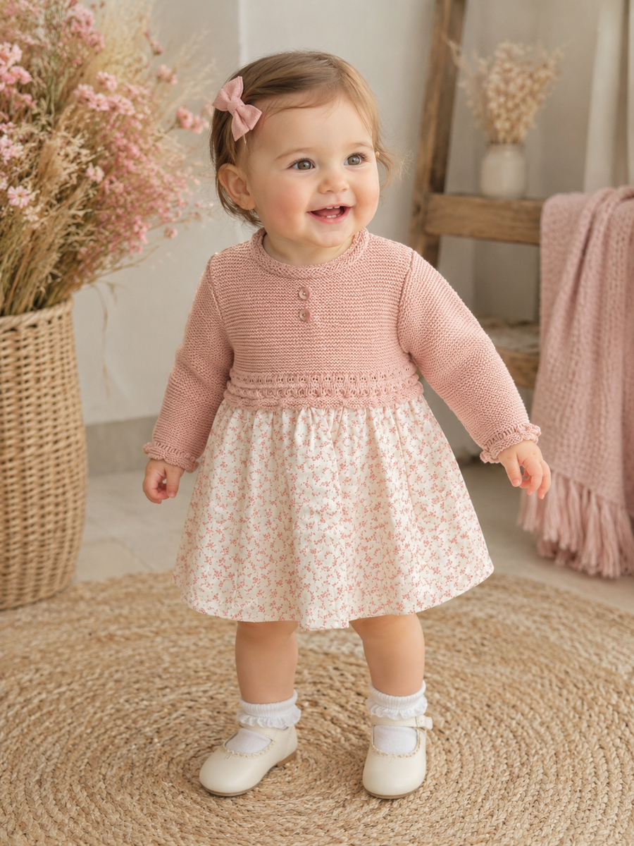 Sardon Dusky Pink & Ivory Garland Print Half-Knit Dress