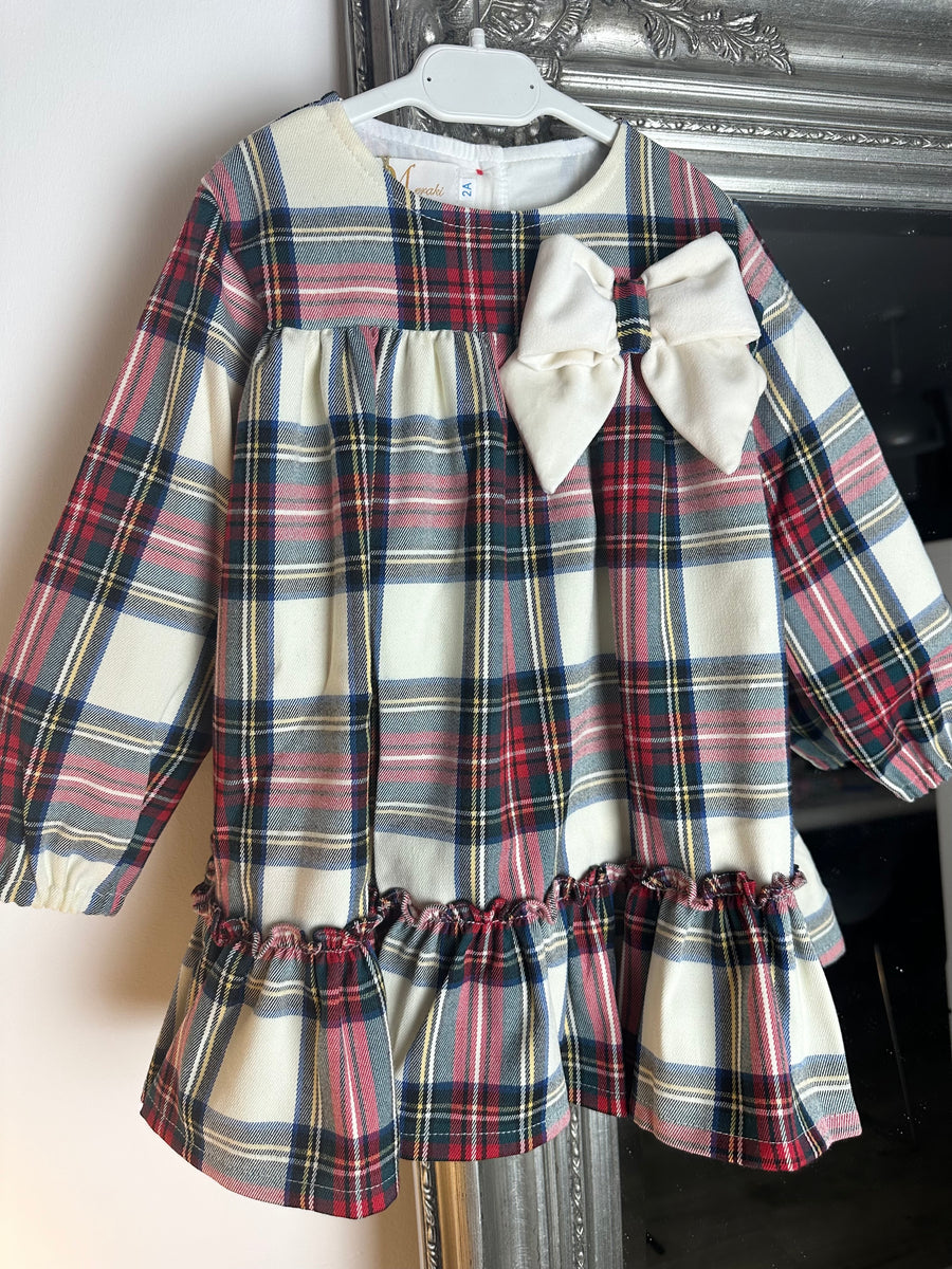 Meraki Tartan Ivory Bow Trimmed Dress