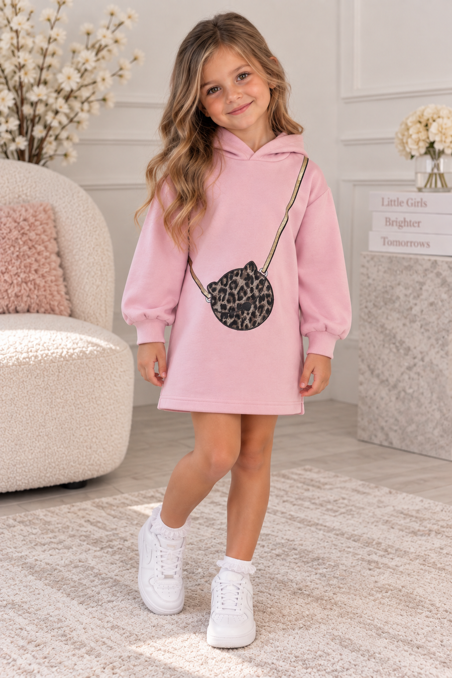 iDO Dusky Pink Dress with Leopard Print Handbag Motif