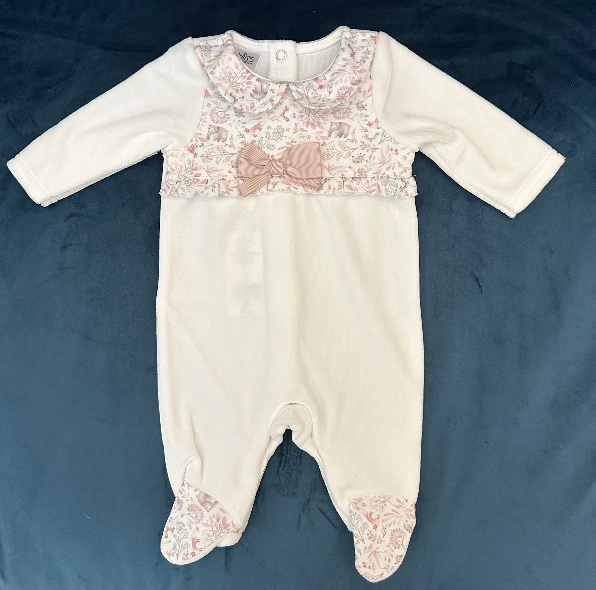 Jamiks Ivory & Pink Woodland Print Cotton Velour BabyGrow