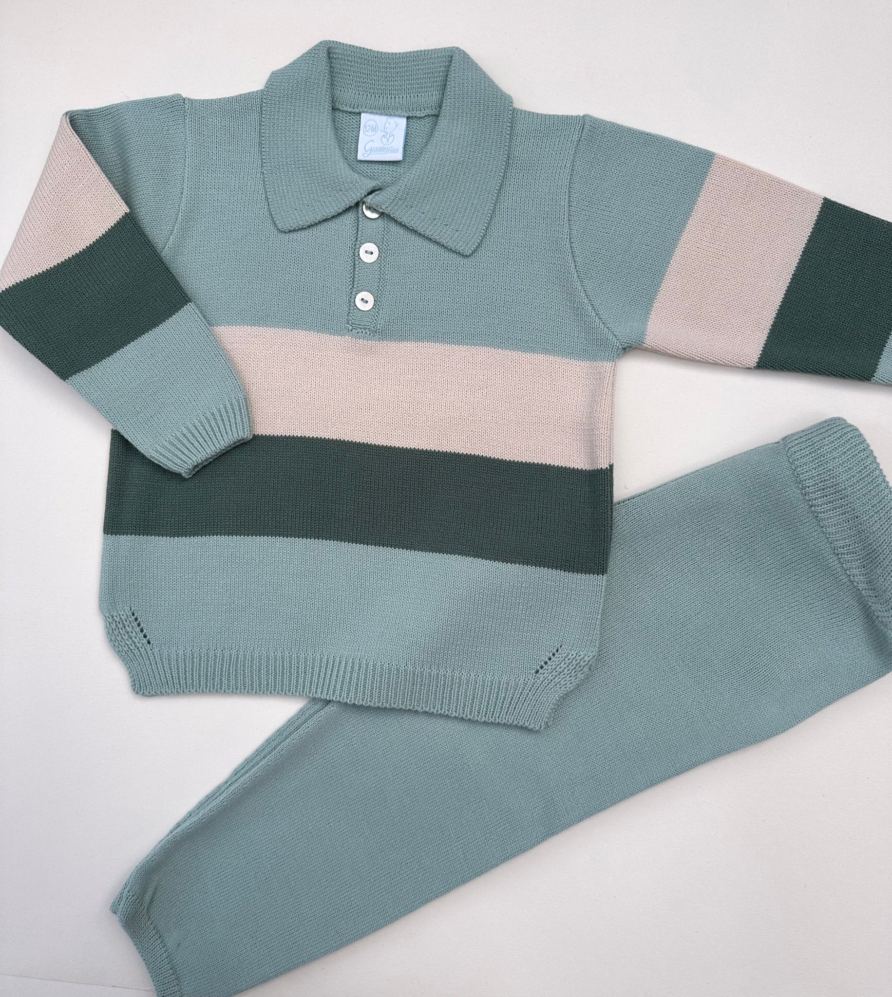 AW23 Artesania Granlei Mint Green, Cream & Moss Green Polo Collared Knitted Tracksuit