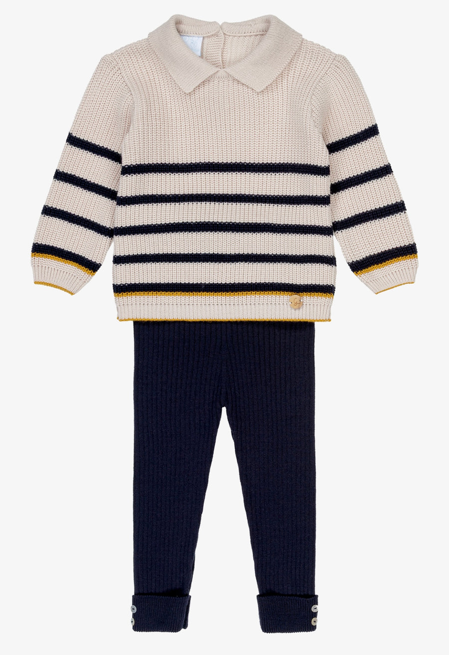 Granlei Navy Blue & Beige Striped Knit Trouser Set