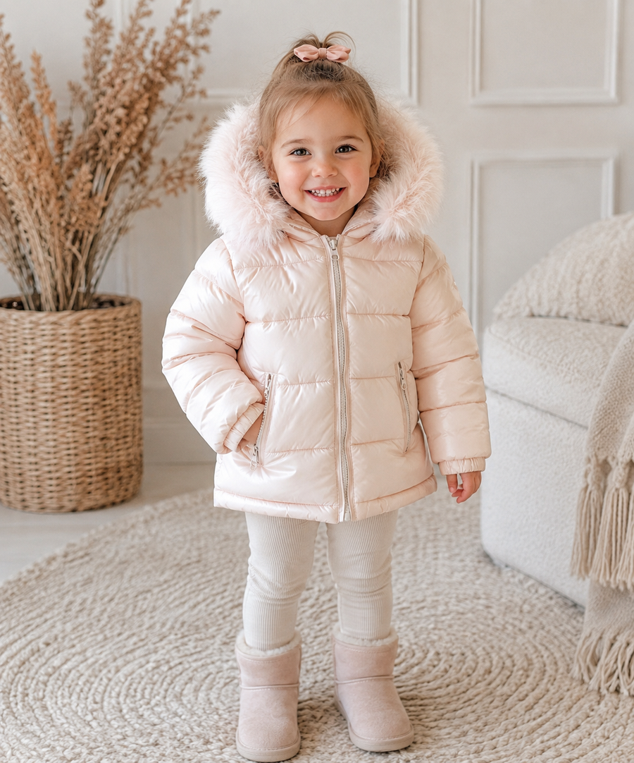 Baby Puffer Jacket with Oversized detachable Faux Fur Hood-Peach