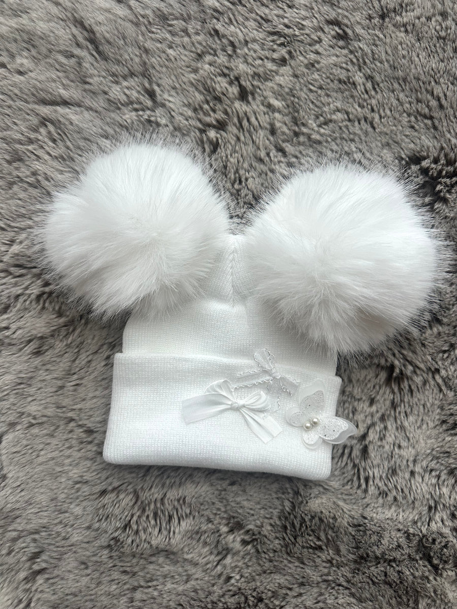 White Double Pompom Baby Hat