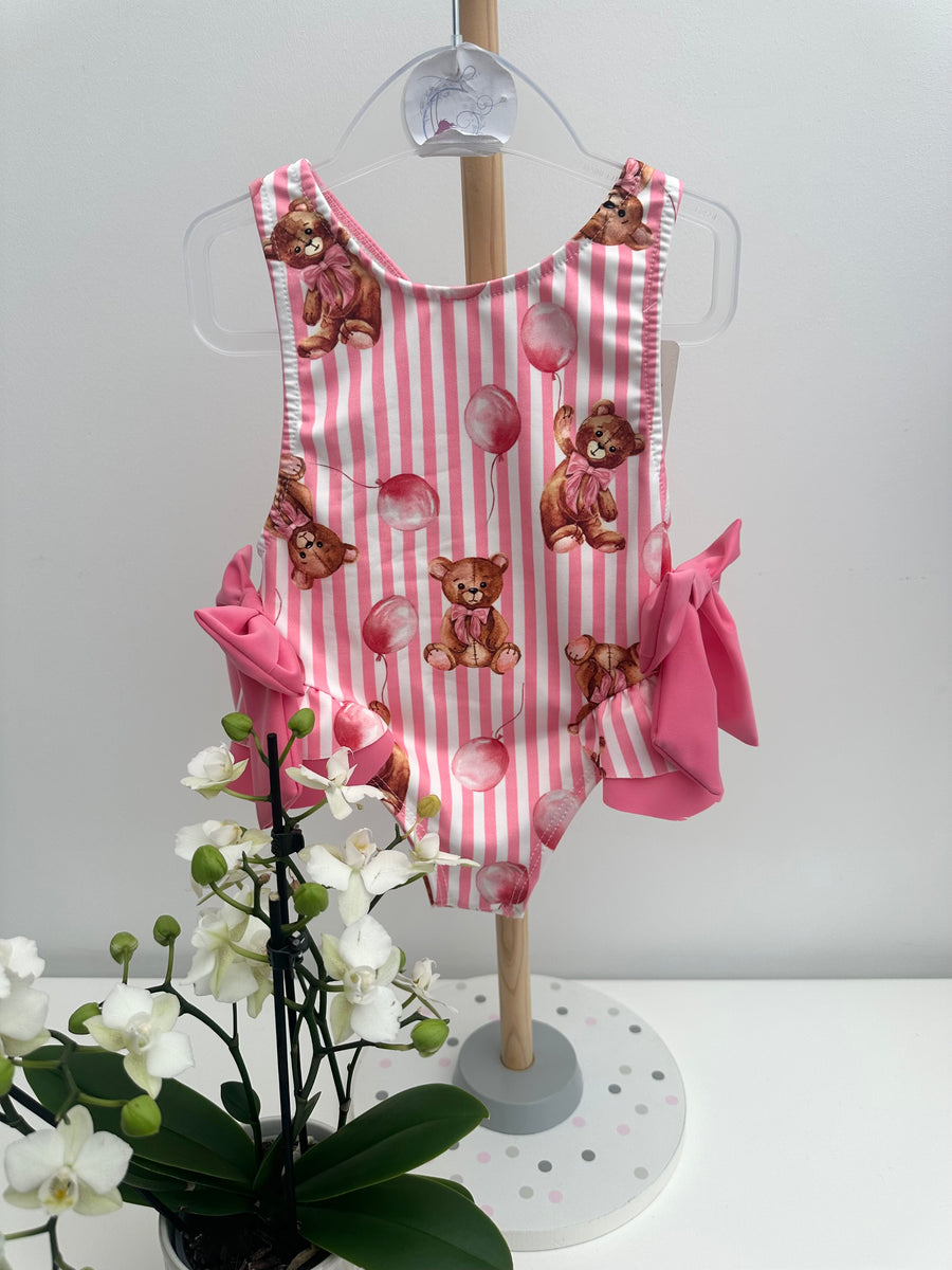 Girls Pink Teddy Bear Print Swimsuit